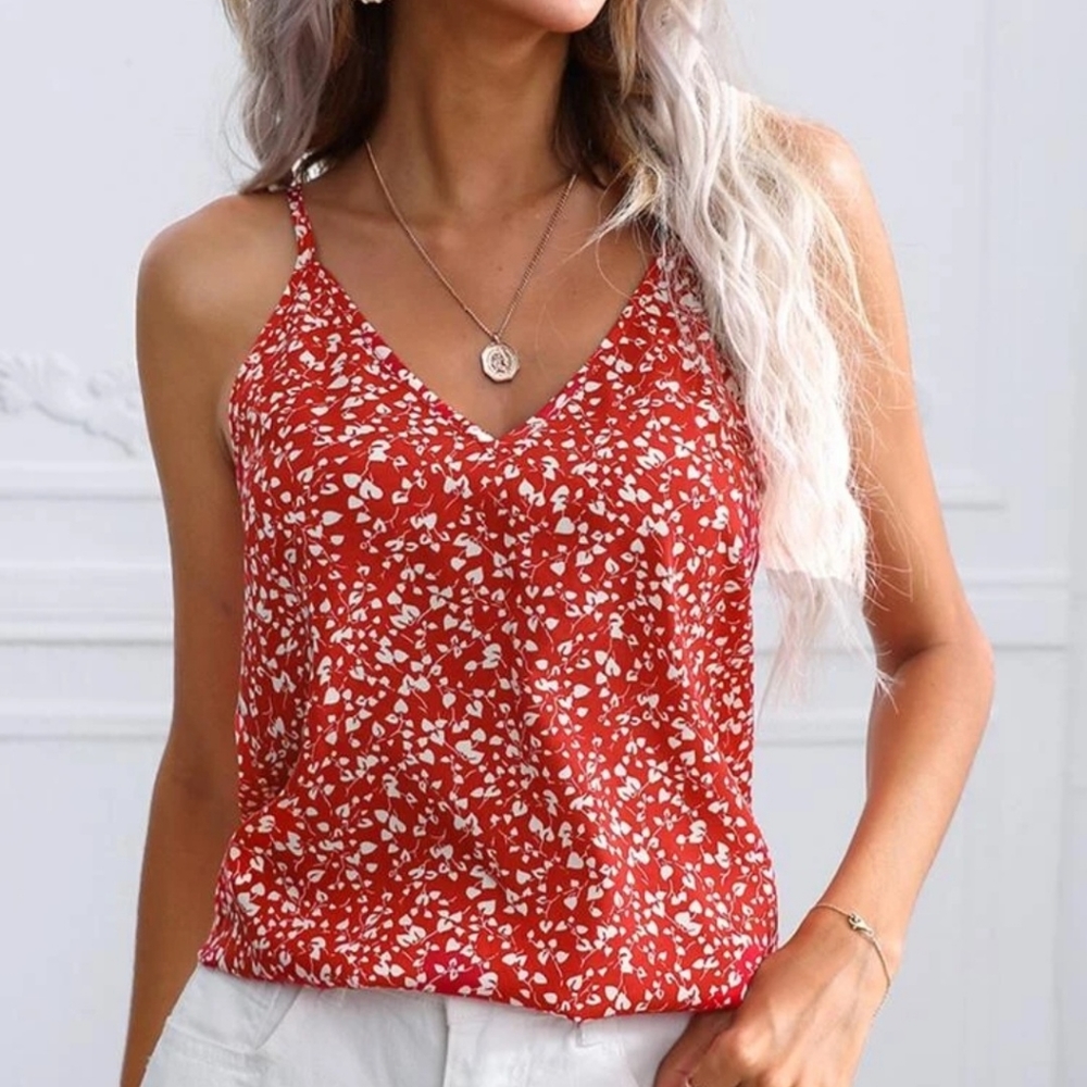 Red Ditsy Print Floral Top
